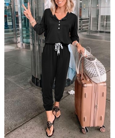 Women's 3/4 Roll Tab Sleeves Henley Jumpsuit, Elastic Waistband and Cuffs & Adjustable Drawstrings for Casual Wear Black $15....