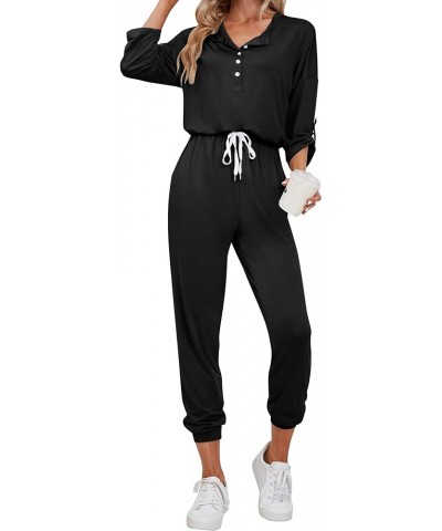 Women's 3/4 Roll Tab Sleeves Henley Jumpsuit, Elastic Waistband and Cuffs & Adjustable Drawstrings for Casual Wear Black $15....