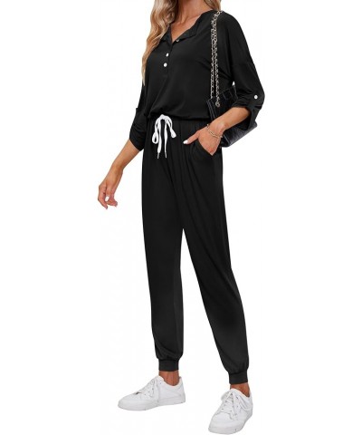 Women's 3/4 Roll Tab Sleeves Henley Jumpsuit, Elastic Waistband and Cuffs & Adjustable Drawstrings for Casual Wear Black $15....