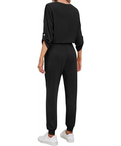 Women's 3/4 Roll Tab Sleeves Henley Jumpsuit, Elastic Waistband and Cuffs & Adjustable Drawstrings for Casual Wear Black $15....