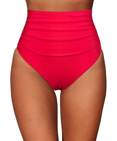 Women's High Waisted Bikini Bottom Retro High Cut Bathing Suit Bottom Ruched Tummy Control Swim Shorts Red $13.50 Swimsuits