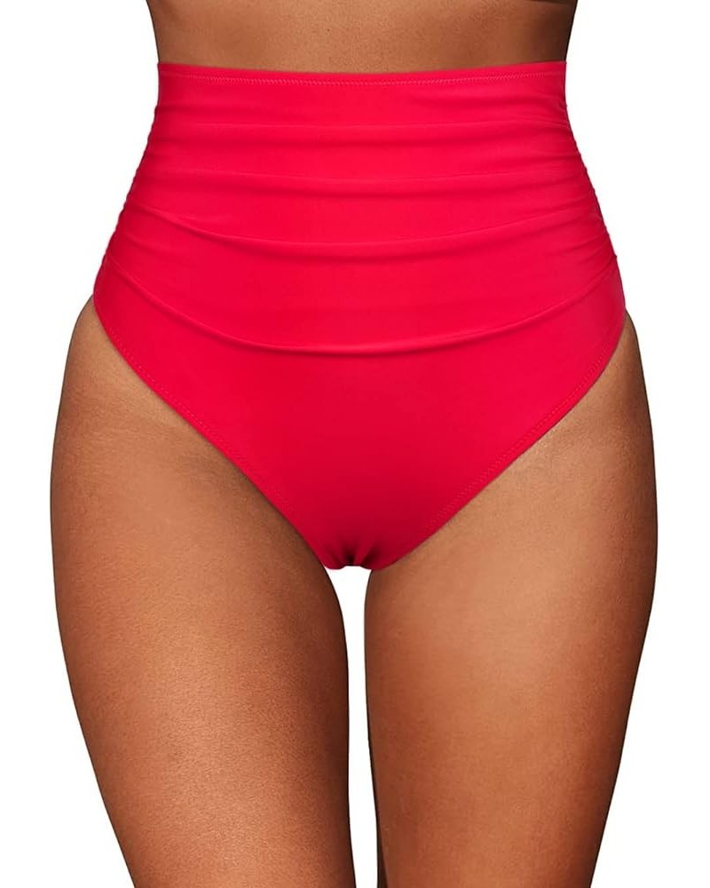 Women's High Waisted Bikini Bottom Retro High Cut Bathing Suit Bottom Ruched Tummy Control Swim Shorts Red $13.50 Swimsuits