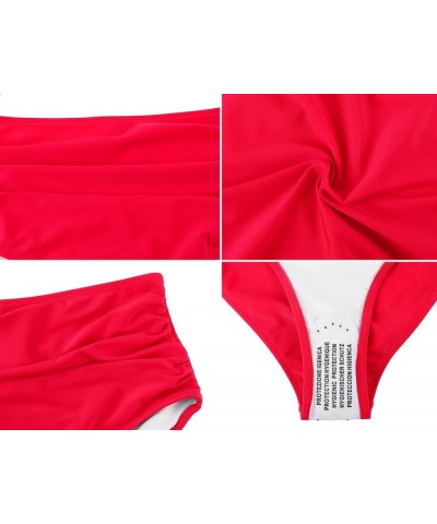 Women's High Waisted Bikini Bottom Retro High Cut Bathing Suit Bottom Ruched Tummy Control Swim Shorts Red $13.50 Swimsuits