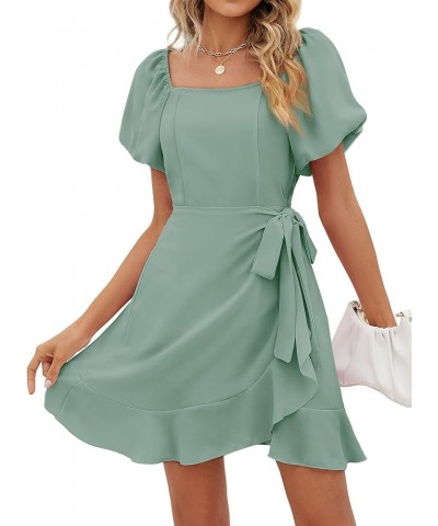 Womens Summer Tie Waist Dresses Square Neck Puff Sleeve Casual Dress 001-sage Green $14.80 Dresses