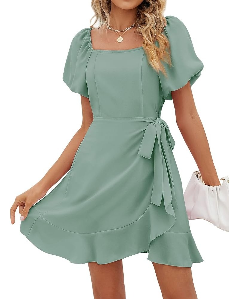 Womens Summer Tie Waist Dresses Square Neck Puff Sleeve Casual Dress 001-sage Green $14.80 Dresses