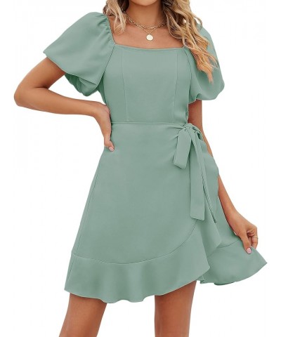 Womens Summer Tie Waist Dresses Square Neck Puff Sleeve Casual Dress 001-sage Green $14.80 Dresses