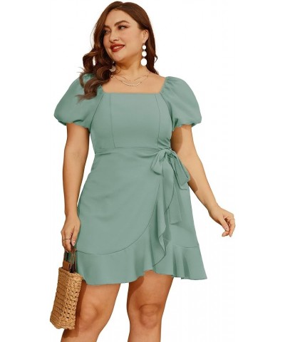 Womens Summer Tie Waist Dresses Square Neck Puff Sleeve Casual Dress 001-sage Green $14.80 Dresses