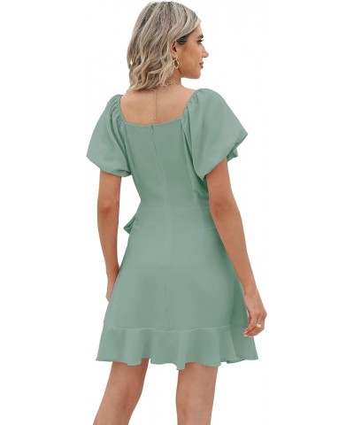 Womens Summer Tie Waist Dresses Square Neck Puff Sleeve Casual Dress 001-sage Green $14.80 Dresses