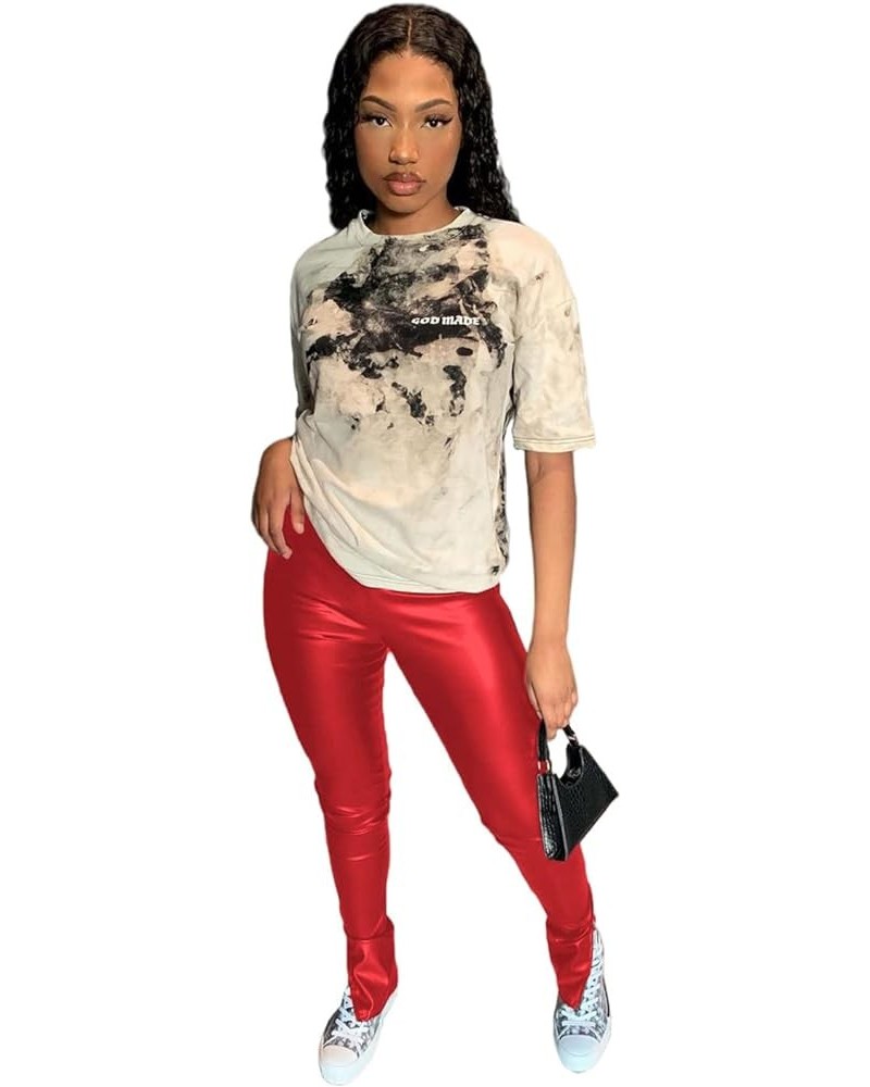 Faux PU Leather Side Split High Wasit Bodycon Fashion Pants Cool Style Firered $19.94 Leggings