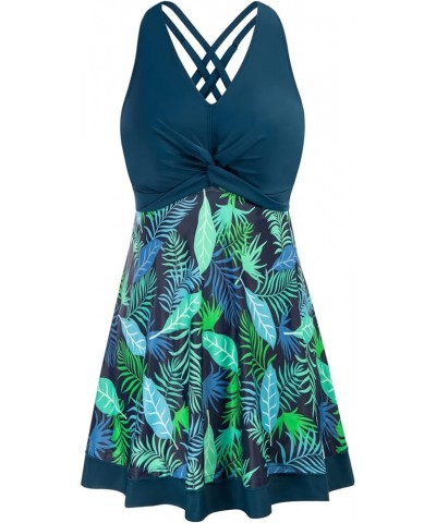 Women Plus Size Swimdress Two Piece Cross Back Tankini Swimsuit Dark Green Leaf $22.50 Swimsuits