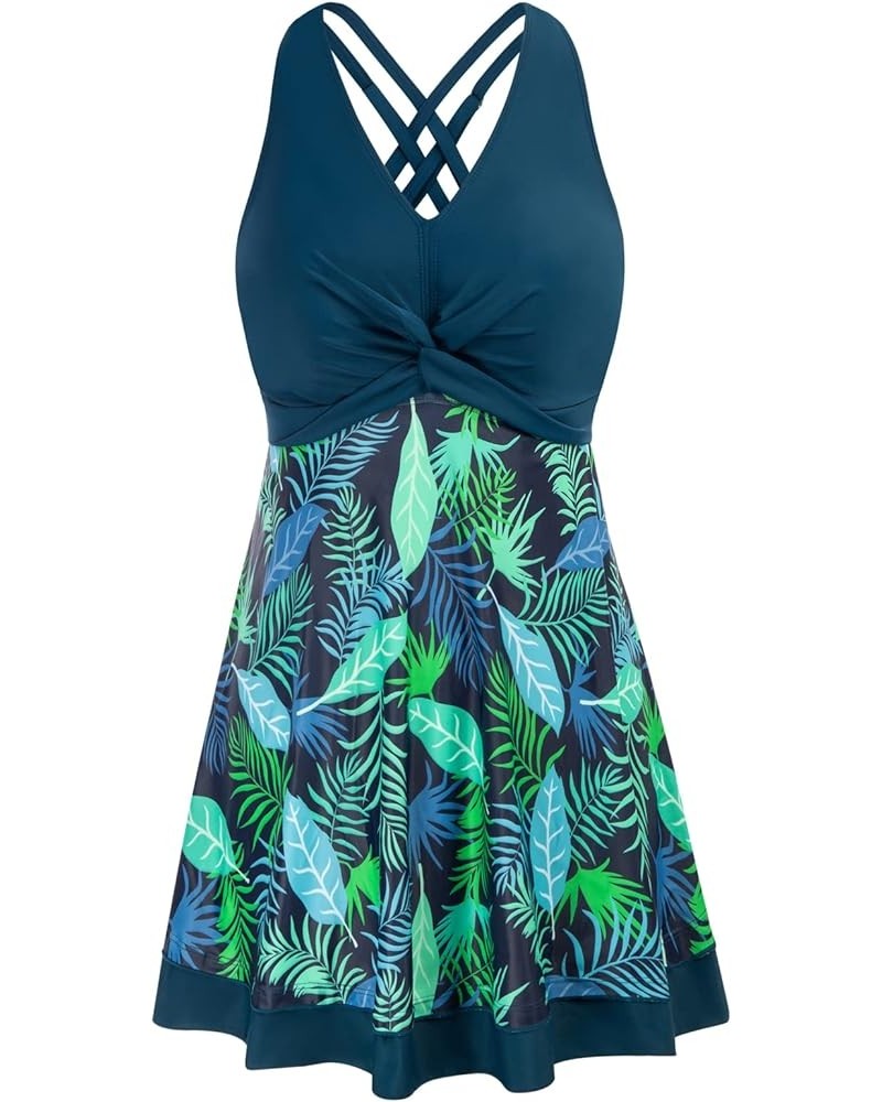 Women Plus Size Swimdress Two Piece Cross Back Tankini Swimsuit Dark Green Leaf $22.50 Swimsuits