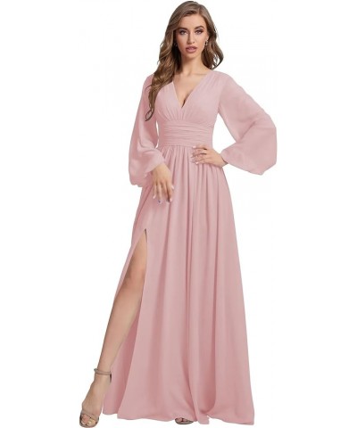 Womens V-Neck Long Sleeve Bridesmaid Dresses with Slit 2024 Ruched A-line Chiffon Prom Formal Dresses SE067 Dusty Rose $27.95...