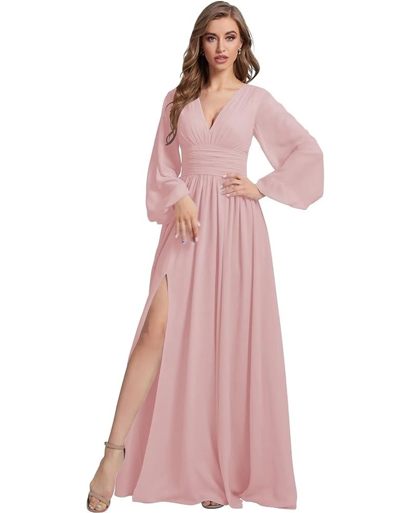 Womens V-Neck Long Sleeve Bridesmaid Dresses with Slit 2024 Ruched A-line Chiffon Prom Formal Dresses SE067 Dusty Rose $27.95...