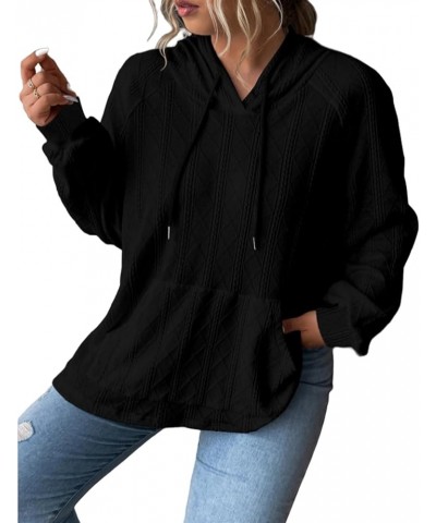 Womens Knit Solid Color Casual Hoodies Tops Lightweight Long Sleeve Drawstring Loose Sweatshirts With Pocket A-black $12.90 H...