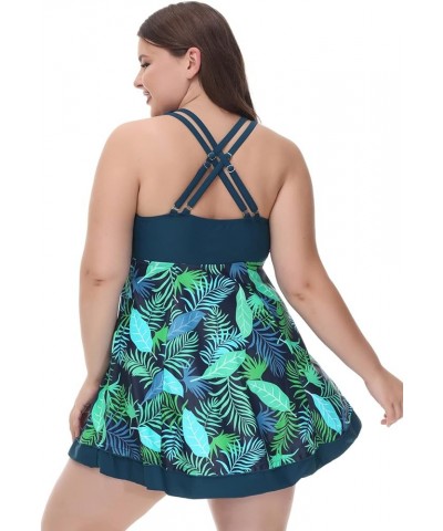 Women Plus Size Swimdress Two Piece Cross Back Tankini Swimsuit Dark Green Leaf $22.50 Swimsuits