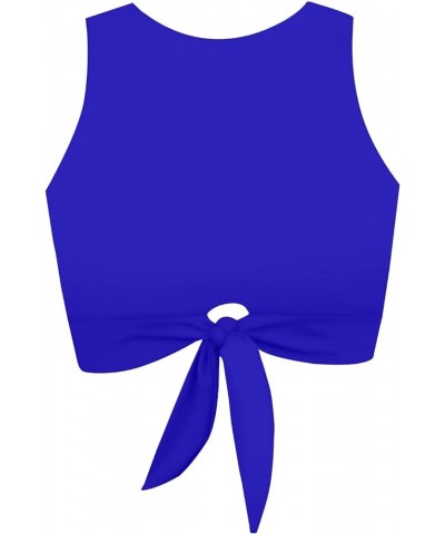 Women's Cut Out Tie Knot Front Scoop High Neck Tank Crop Top Bikini Swimsuit Top Only Royal Blue $14.57 Swimsuits