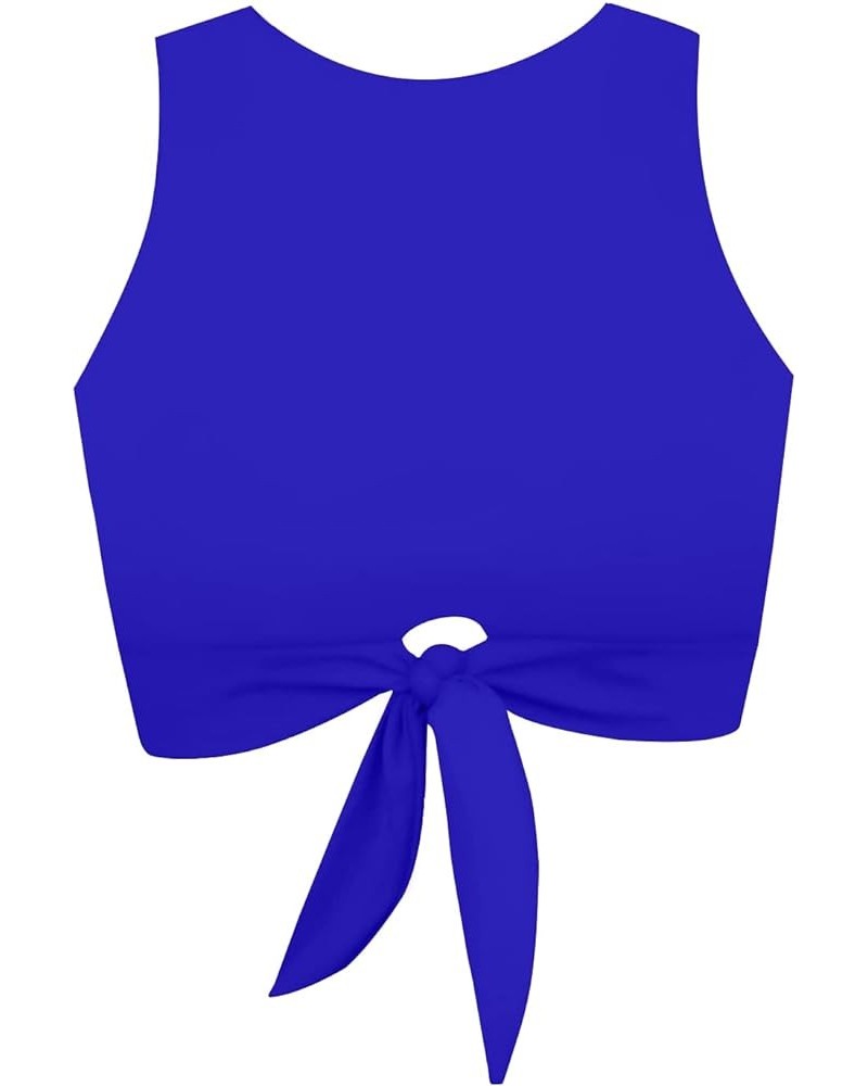 Women's Cut Out Tie Knot Front Scoop High Neck Tank Crop Top Bikini Swimsuit Top Only Royal Blue $14.57 Swimsuits