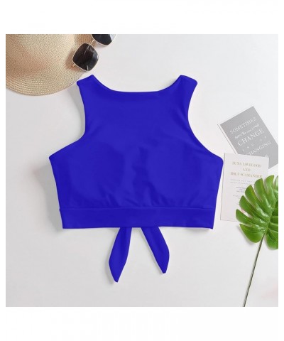 Women's Cut Out Tie Knot Front Scoop High Neck Tank Crop Top Bikini Swimsuit Top Only Royal Blue $14.57 Swimsuits