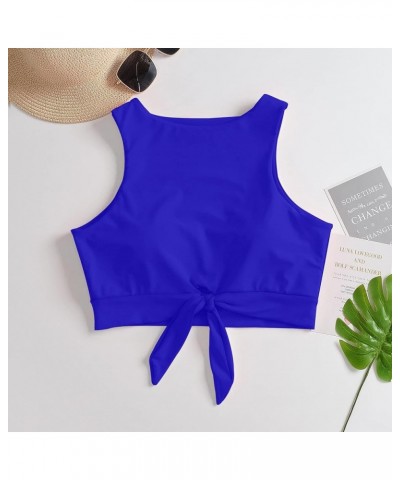 Women's Cut Out Tie Knot Front Scoop High Neck Tank Crop Top Bikini Swimsuit Top Only Royal Blue $14.57 Swimsuits