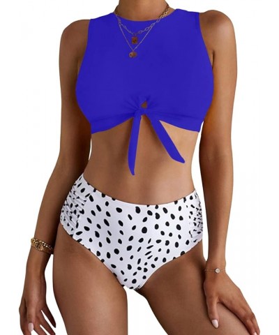 Women's Cut Out Tie Knot Front Scoop High Neck Tank Crop Top Bikini Swimsuit Top Only Royal Blue $14.57 Swimsuits