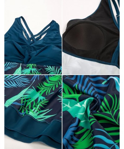 Women Plus Size Swimdress Two Piece Cross Back Tankini Swimsuit Dark Green Leaf $22.50 Swimsuits