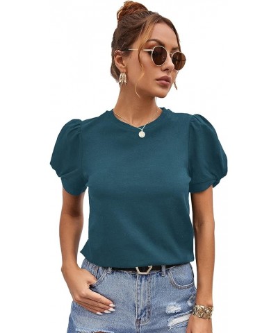 Women's Summer Short Puff Sleeve Tee Top Round Neck T-Shirt Teal Blue $12.00 T-Shirts