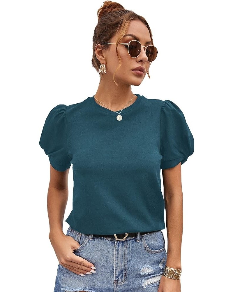 Women's Summer Short Puff Sleeve Tee Top Round Neck T-Shirt Teal Blue $12.00 T-Shirts