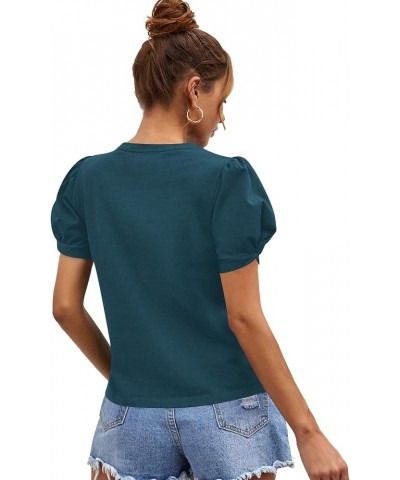 Women's Summer Short Puff Sleeve Tee Top Round Neck T-Shirt Teal Blue $12.00 T-Shirts