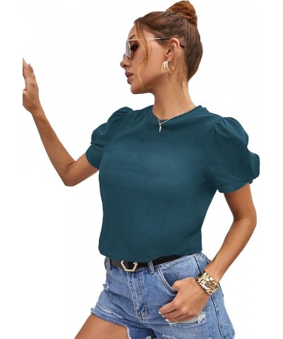 Women's Summer Short Puff Sleeve Tee Top Round Neck T-Shirt Teal Blue $12.00 T-Shirts