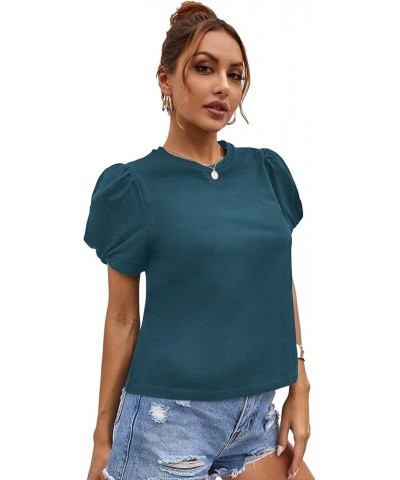 Women's Summer Short Puff Sleeve Tee Top Round Neck T-Shirt Teal Blue $12.00 T-Shirts