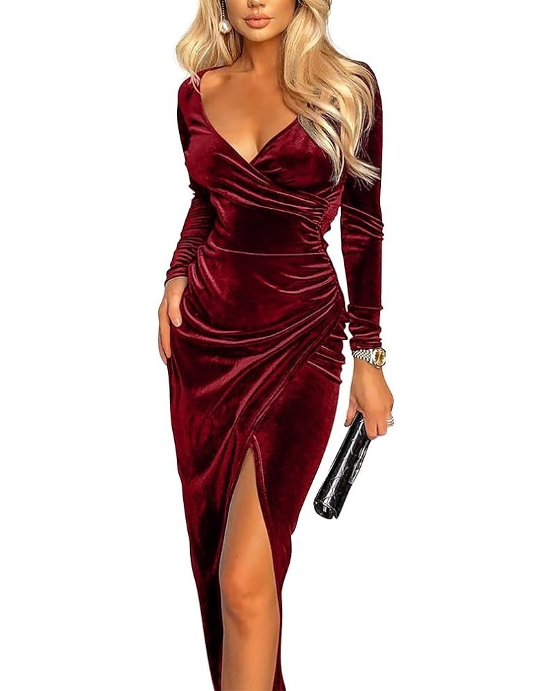 Women's Sexy Long Sleeve Ruched Dress Velvet V Neck Cocktail Party Evening Club Maxi Dress Winered $19.80 Dresses