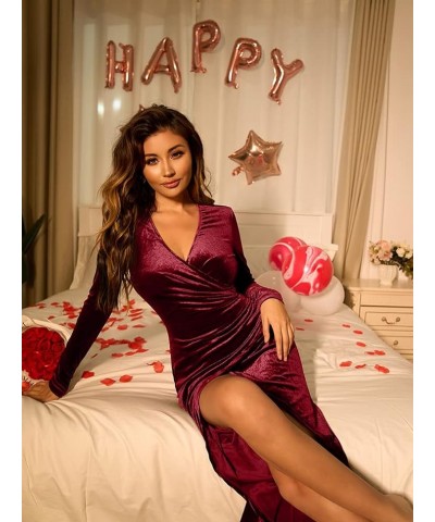 Women's Sexy Long Sleeve Ruched Dress Velvet V Neck Cocktail Party Evening Club Maxi Dress Winered $19.80 Dresses