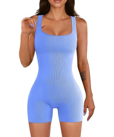 Women Yoga Rompers Workout Ribbed Square Neck Sleeveless Sport Romper Sky Blue $14.74 Rompers