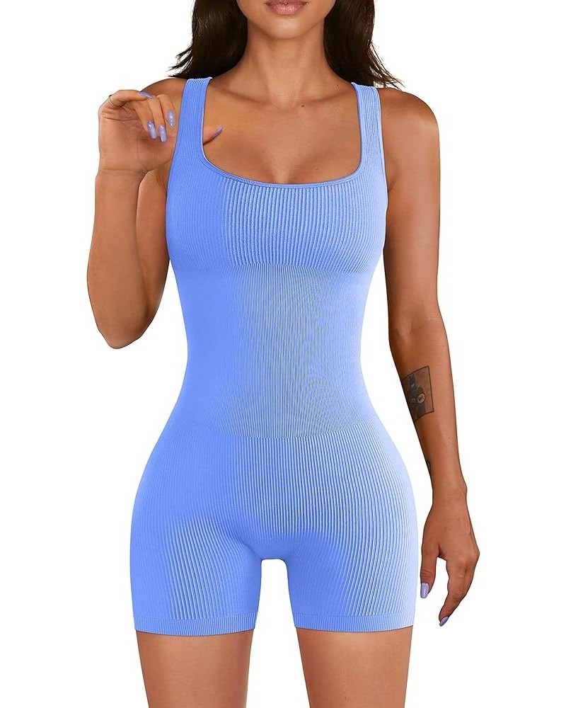 Women Yoga Rompers Workout Ribbed Square Neck Sleeveless Sport Romper Sky Blue $14.74 Rompers