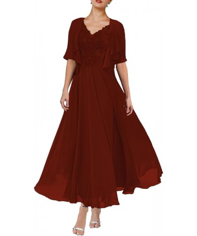 A-Line Mother of The Bride Dress Formal V Neck Tea Length Wedding Guest Dresses with Pleats Appliques 2023 JS052 Rust $60.48 ...