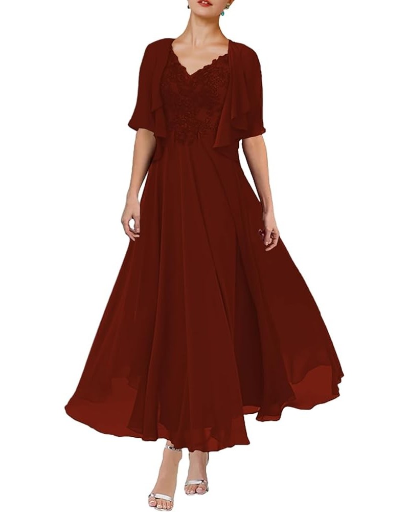 A-Line Mother of The Bride Dress Formal V Neck Tea Length Wedding Guest Dresses with Pleats Appliques 2023 JS052 Rust $60.48 ...