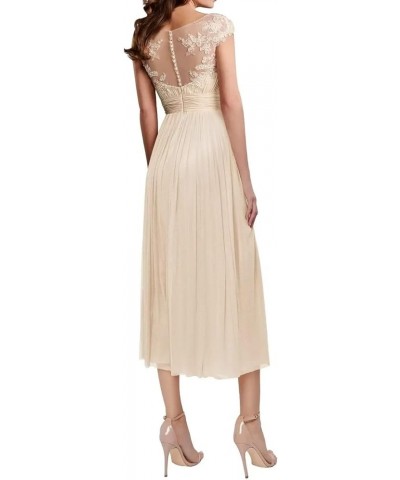 Women Elegant Cap Sleeve Lace Empire Waist Tea Length Bridesmaid Dresses Formal Evening Dresses Silver $33.08 Dresses