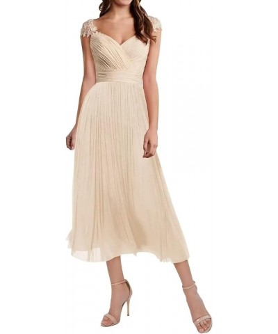 Women Elegant Cap Sleeve Lace Empire Waist Tea Length Bridesmaid Dresses Formal Evening Dresses Silver $33.08 Dresses