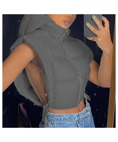 Women's Cropped Puffer Vest with Hood Zip Up Sleeveless Hoodie Padded Puffy Vest Jacket Coat 02 Gray $19.97 Vests