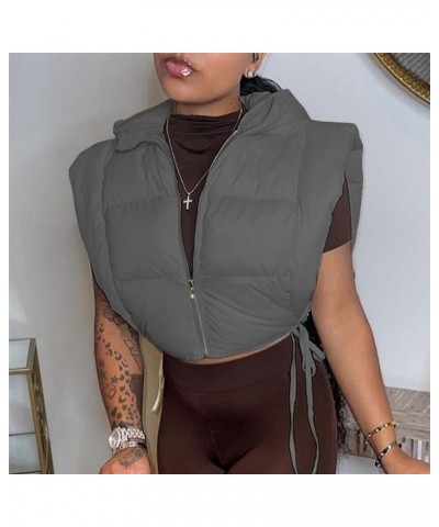 Women's Cropped Puffer Vest with Hood Zip Up Sleeveless Hoodie Padded Puffy Vest Jacket Coat 02 Gray $19.97 Vests