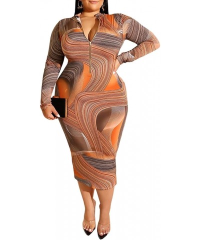 Women's Sexy Plus Size Floral Print Deep V Neck Long Sleeve Zip Bodycon Slim Sheath Long Midi Pencil Dress with Belt Orange $...