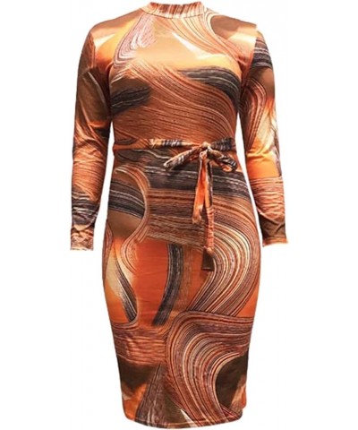 Women's Sexy Plus Size Floral Print Deep V Neck Long Sleeve Zip Bodycon Slim Sheath Long Midi Pencil Dress with Belt Orange $...