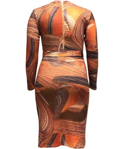 Women's Sexy Plus Size Floral Print Deep V Neck Long Sleeve Zip Bodycon Slim Sheath Long Midi Pencil Dress with Belt Orange $...