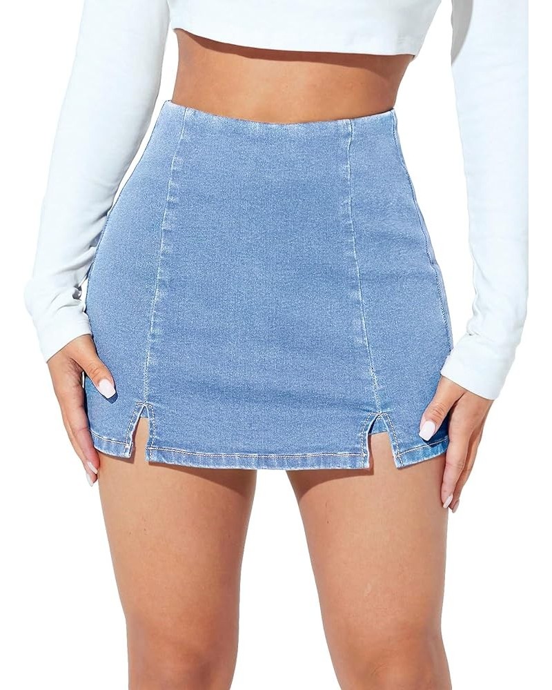 Women's Casual High Waist Split Hem Skorts Zipper Up Skinny Denim Shorts Light Wash $14.70 Shorts