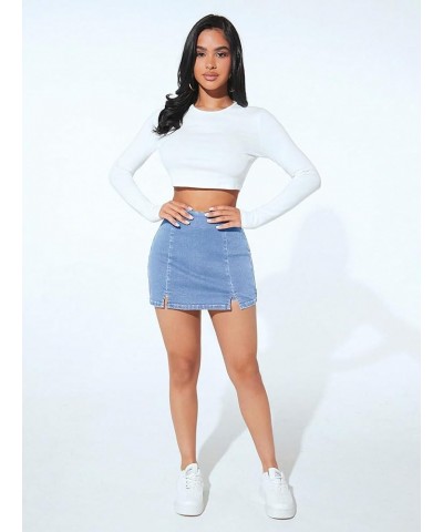 Women's Casual High Waist Split Hem Skorts Zipper Up Skinny Denim Shorts Light Wash $14.70 Shorts