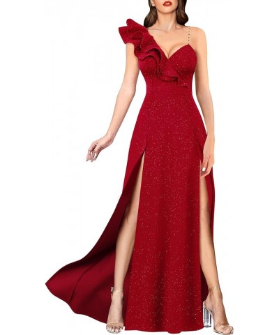 Womens Sexy Ruffle One Shoulder Double High Slit Formal Prom Maxi Dress V Neck Beaded Strap A-Line Evening Gown Sparkly Red $...