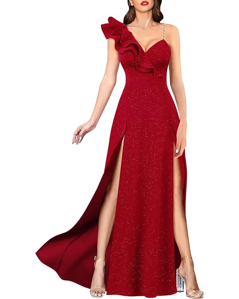 Womens Sexy Ruffle One Shoulder Double High Slit Formal Prom Maxi Dress V Neck Beaded Strap A-Line Evening Gown Sparkly Red $...