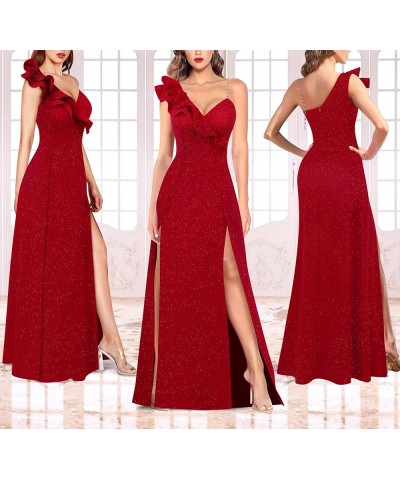 Womens Sexy Ruffle One Shoulder Double High Slit Formal Prom Maxi Dress V Neck Beaded Strap A-Line Evening Gown Sparkly Red $...