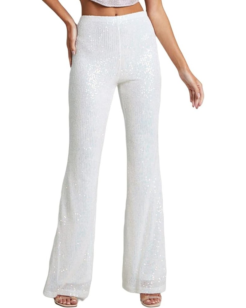 Women Sequin Flared Trousers High Waisted Sparkly Wide Leg Trousers Party Clubwear Shiny Bell Bottom Pants Flared White $15.2...