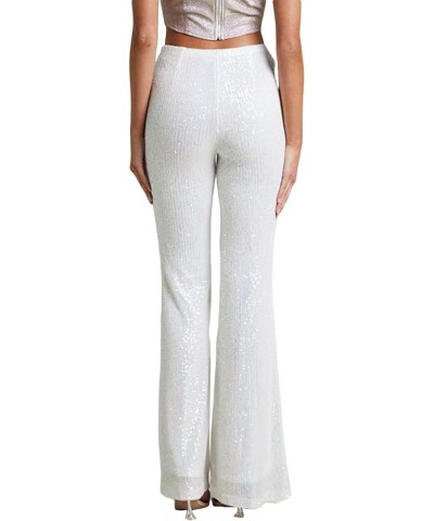 Women Sequin Flared Trousers High Waisted Sparkly Wide Leg Trousers Party Clubwear Shiny Bell Bottom Pants Flared White $15.2...